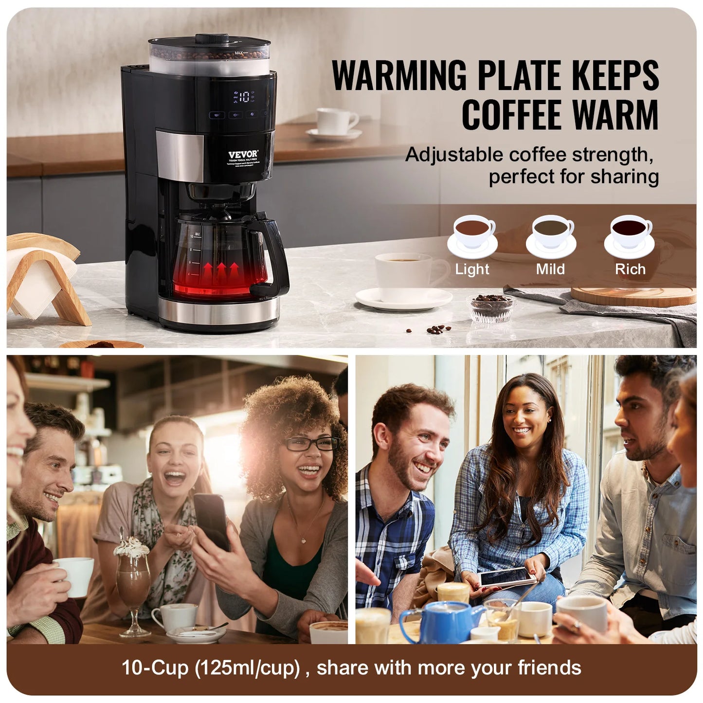 Grind & Brew Coffee Maker with Built-In Grinder, 10-Cup Drip Coffee Machine with Adjustable Strength & Coarseness