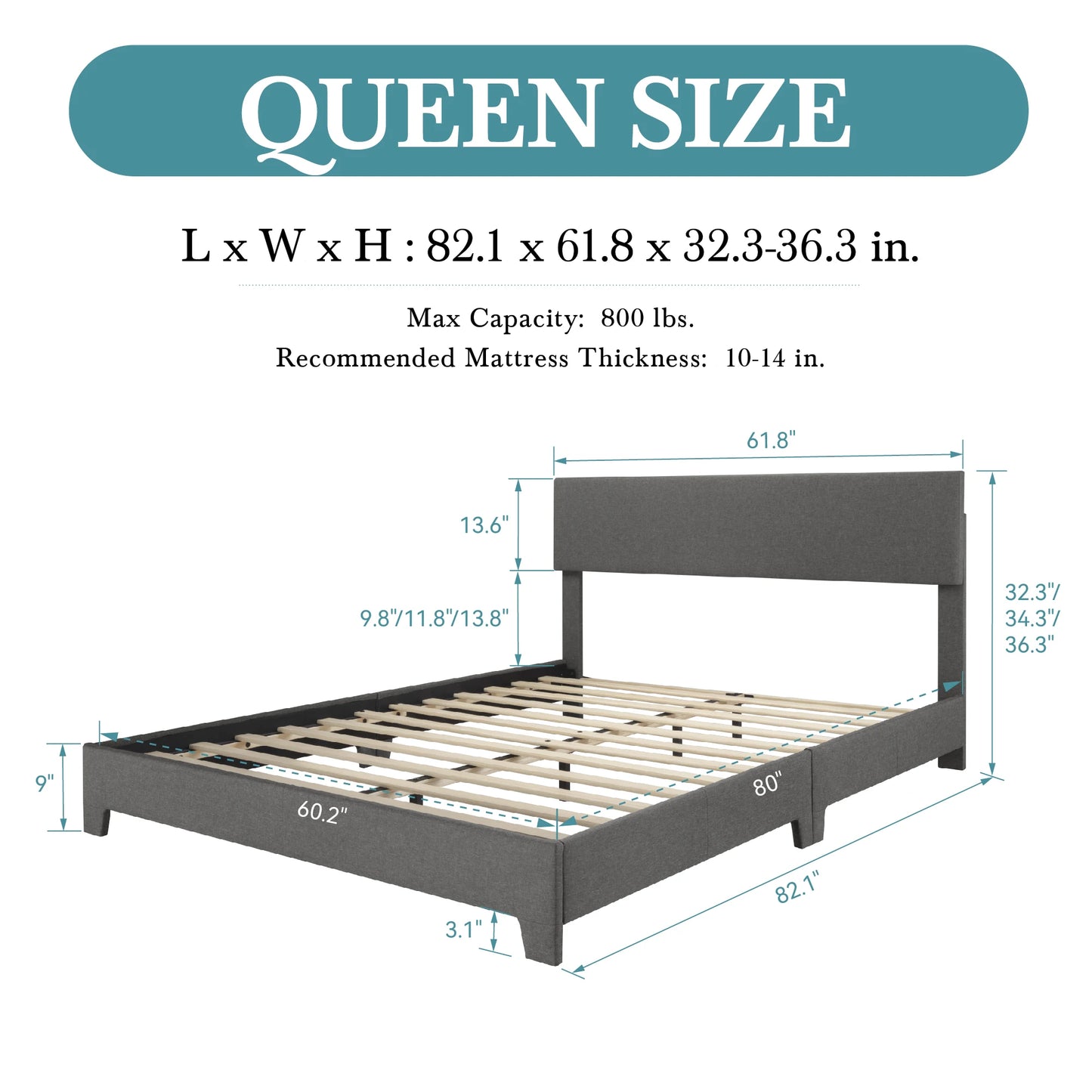 Detail of the 12 wooden slats on the upholstered platform bed, ensuring strong mattress support.
