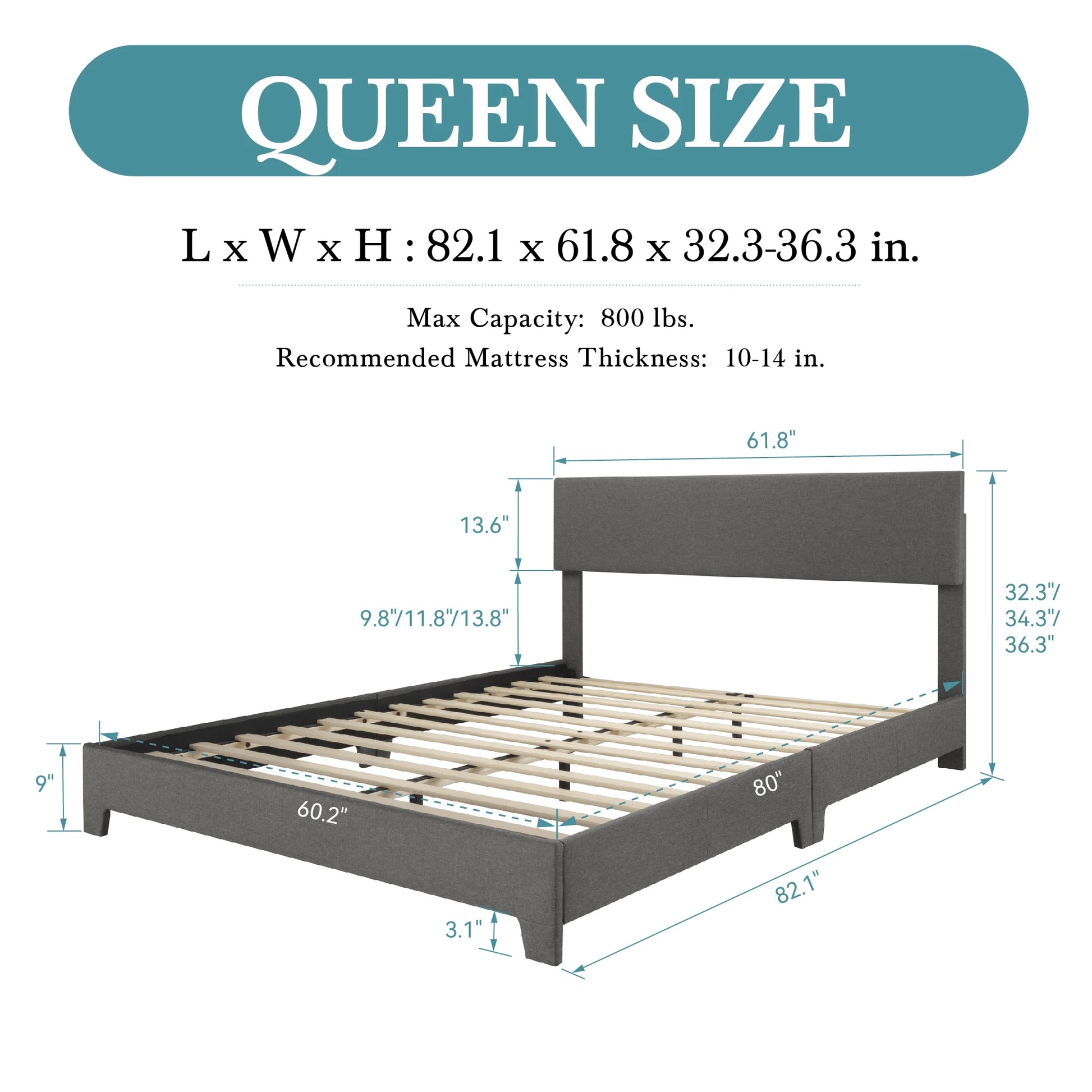 Detail of the 12 wooden slats on the upholstered platform bed, ensuring strong mattress support.