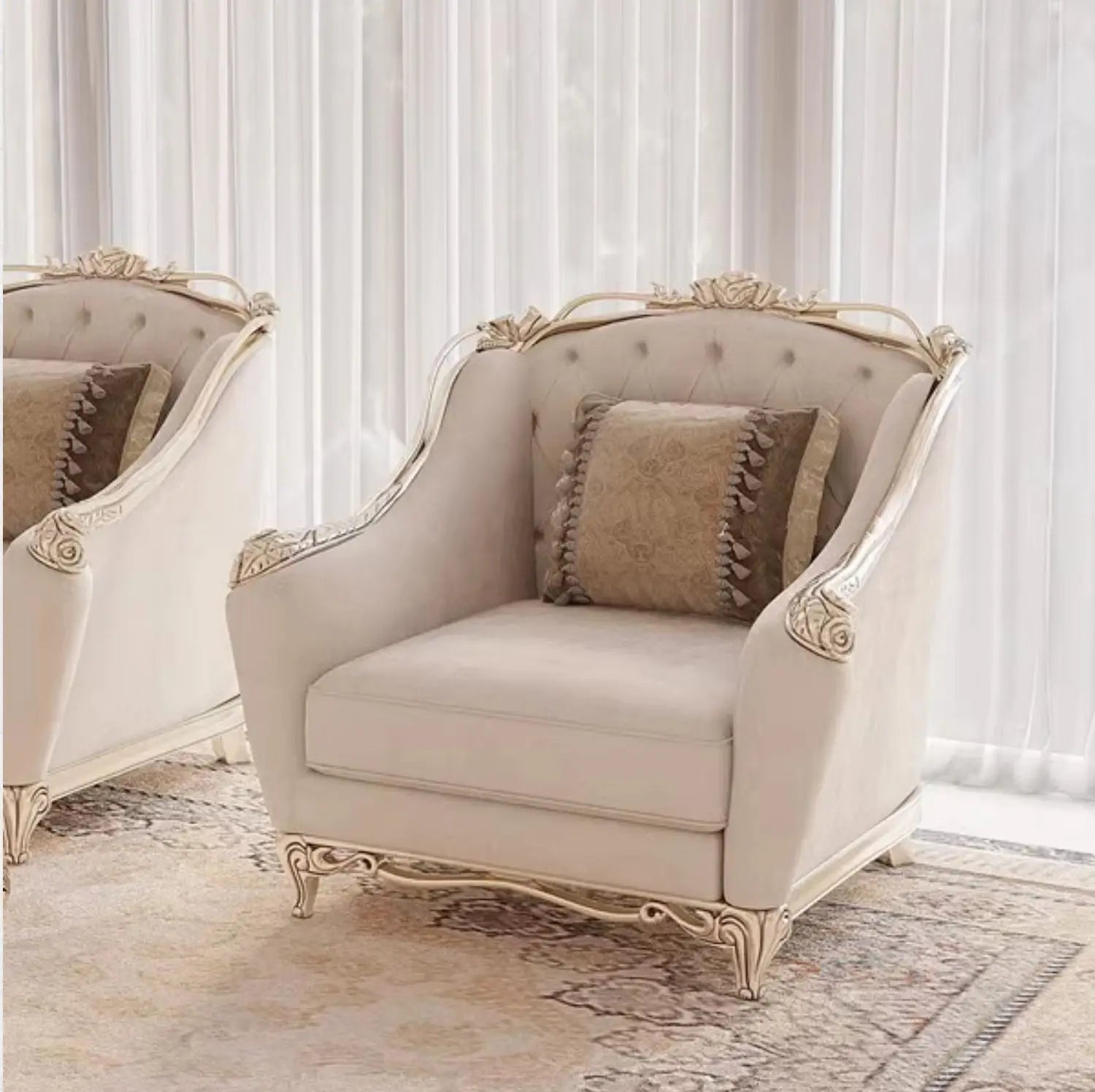 Elegant French Style Solid Wood Living Room Furniture complements traditional decor, creating a charming atmosphere.