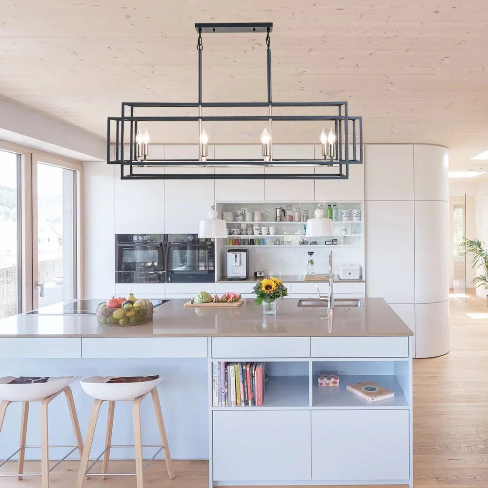 The Modern Farmhouse 8-Light Linear Chandelier in an open concept home, enhancing the decor with its striking design. Perfect modern farmhouse chandelier for contemporary spaces.