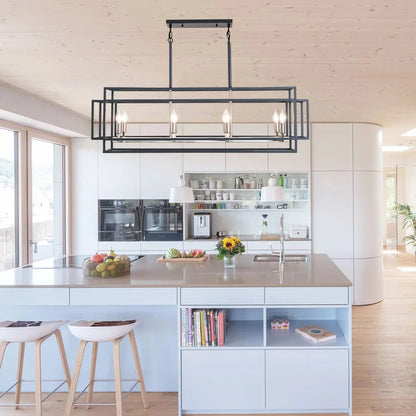 The Modern Farmhouse 8-Light Linear Chandelier in an open concept home, enhancing the decor with its striking design. Perfect modern farmhouse chandelier for contemporary spaces.