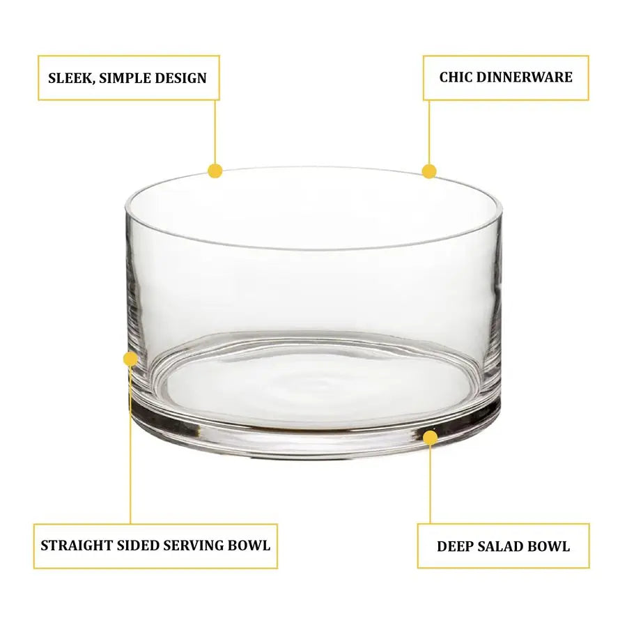 9" Clear Handcrafted Glass Salad Bowl filled with fresh salad, emphasizing its use and clear design for vibrant presentations.