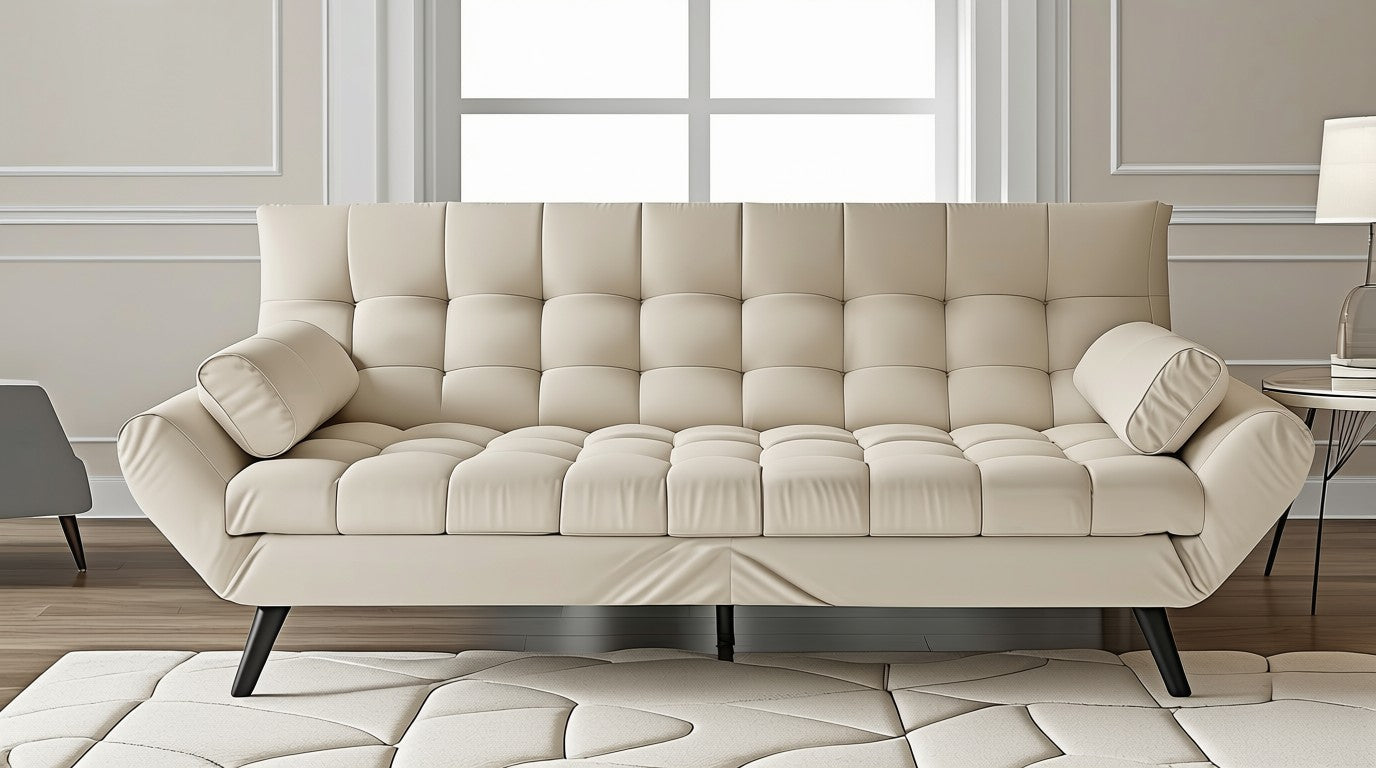 An elegant arrangement with the 57" Velvet Convertible Futon Sofa paired with an area rug and lamp.