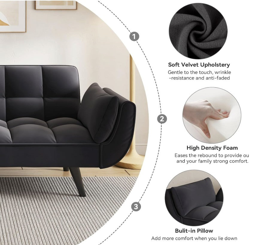 A trendy living room featuring the 57" Velvet Convertible Futon Sofa, illustrating a chic, contemporary style.
