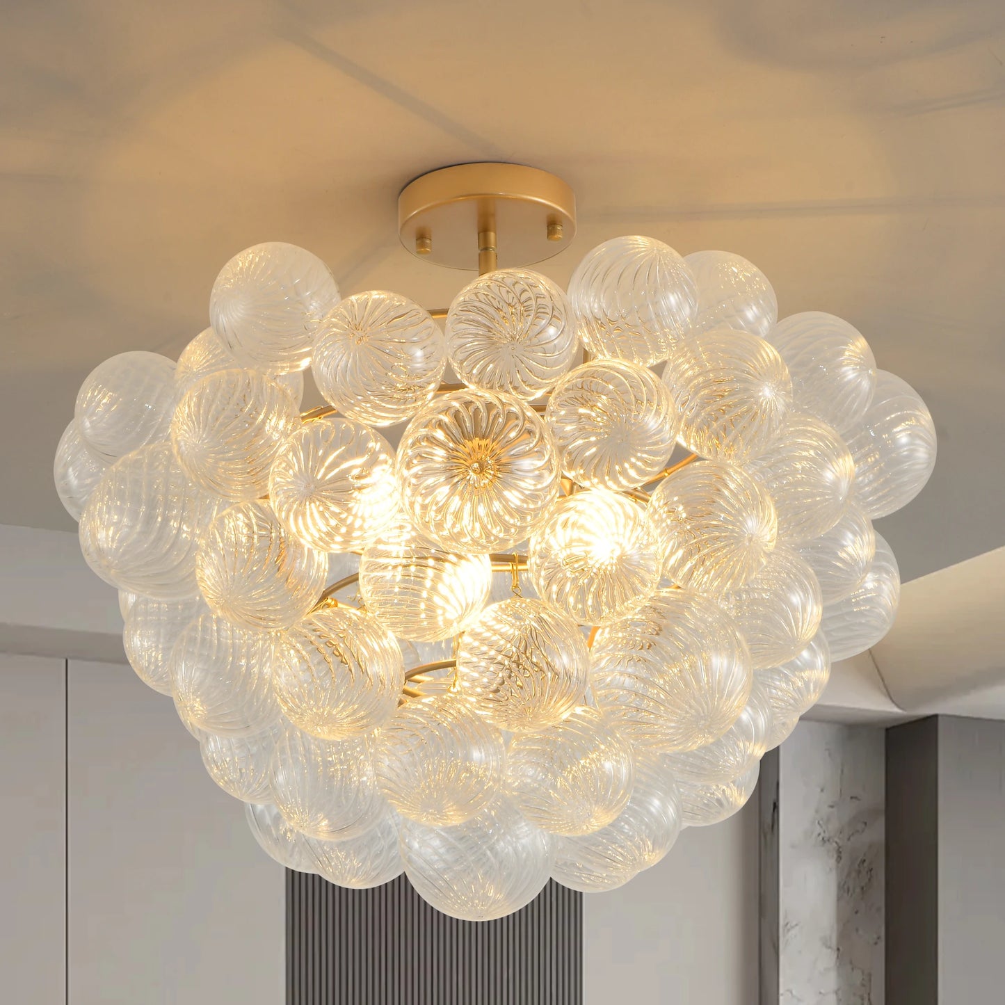 Golden Ceiling Pendant Light Chandelier w/Threaded Clear Glass Globe Shade