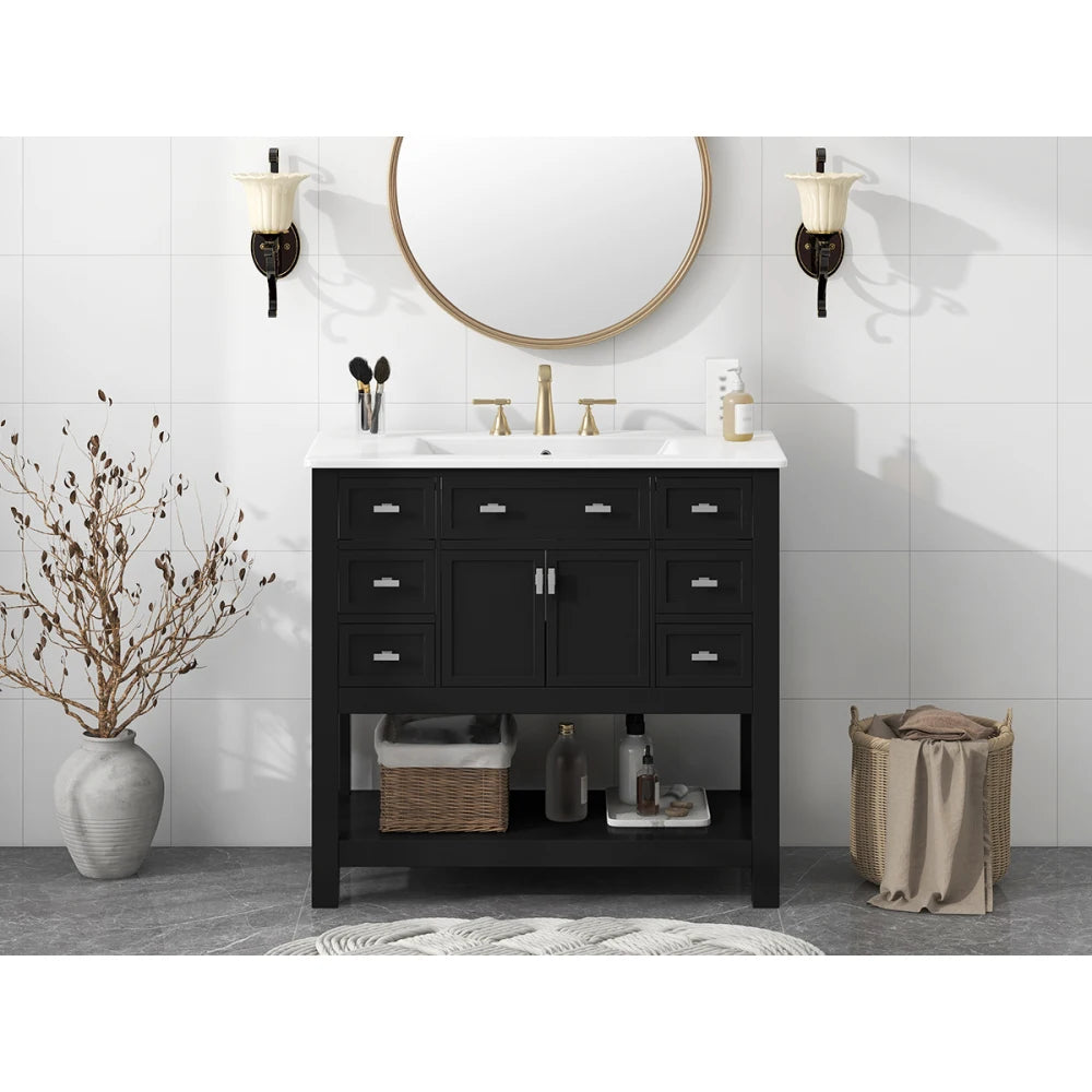 Modern 36'' Independent Bathroom Vanity w/Mounted Ceramic Sink