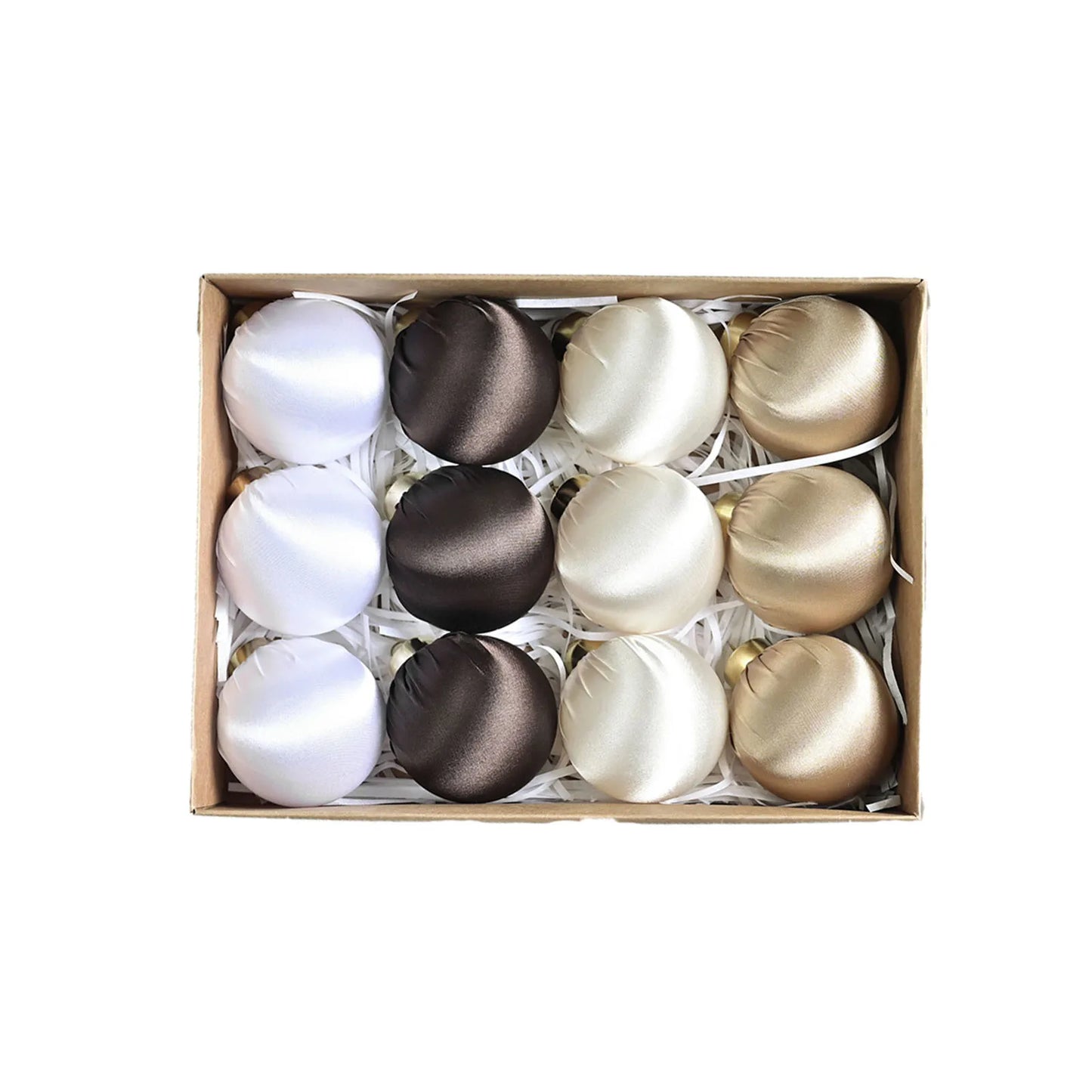 Showcasing various satin silk ball ornaments from the set, highlighting their lovely matte finishes and durability for family-friendly decor.