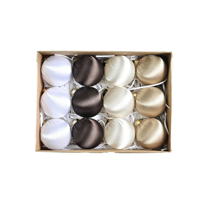 Showcasing various satin silk ball ornaments from the set, highlighting their lovely matte finishes and durability for family-friendly decor.