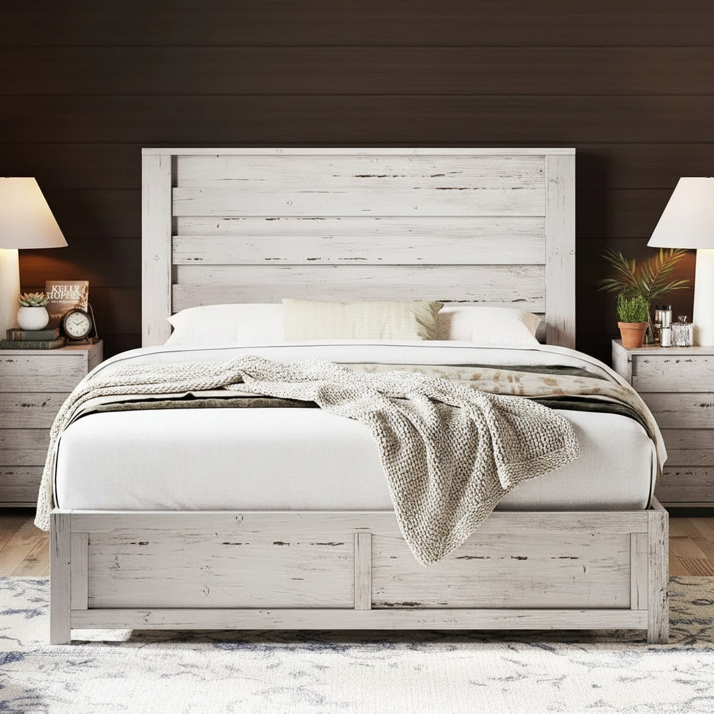 Queen Size Distressed White Farmhouse Bed Frame featuring a stylish 49" headboard and a modern design.