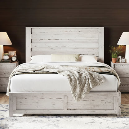 Queen Size Distressed White Farmhouse Bed Frame featuring a stylish 49" headboard and a modern design.