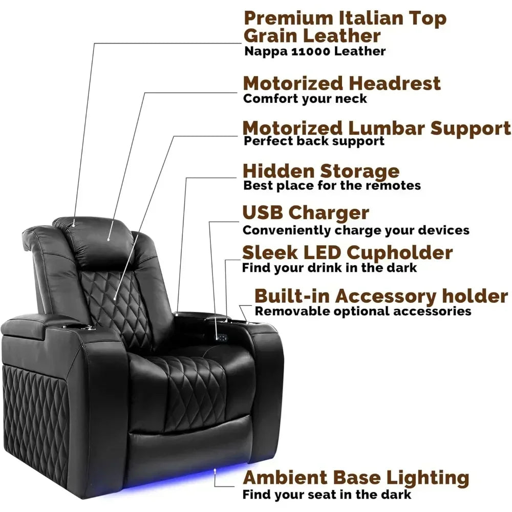 A cozy room featuring Navy Blue Leather Power Recliner Home Theater Seating Row of 4 with Lumbar Support & USB Port, perfect for movie nights.