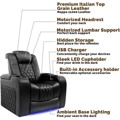 A cozy room featuring Navy Blue Leather Power Recliner Home Theater Seating Row of 4 with Lumbar Support & USB Port, perfect for movie nights.