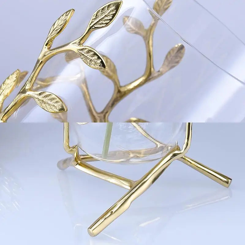 Beautifully crafted Elegant Clear Glass Vase with Gold Metal Branches, ideal for elegant floral arrangements.