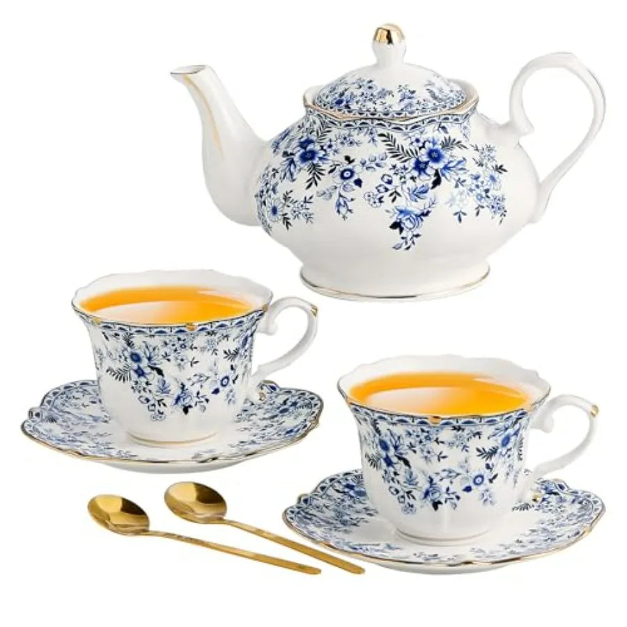 Casual tea setting with the Vintage Blue Floral Bone China Teapot Set and flowers.