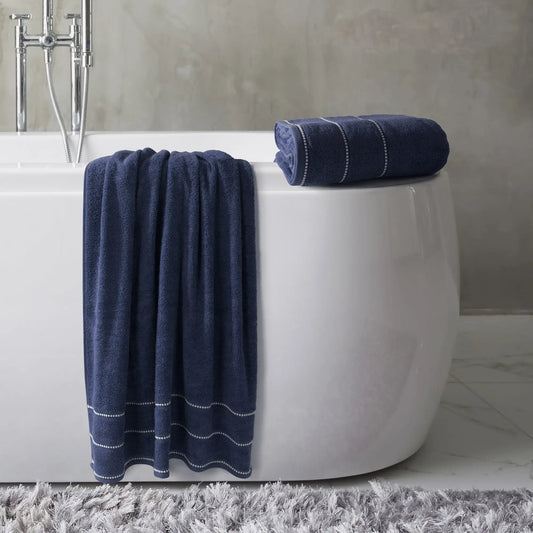 Lavish Home Luxury 2-Piece Cotton Towel Set - Navy with White Beaded Border for Elegant Bathing