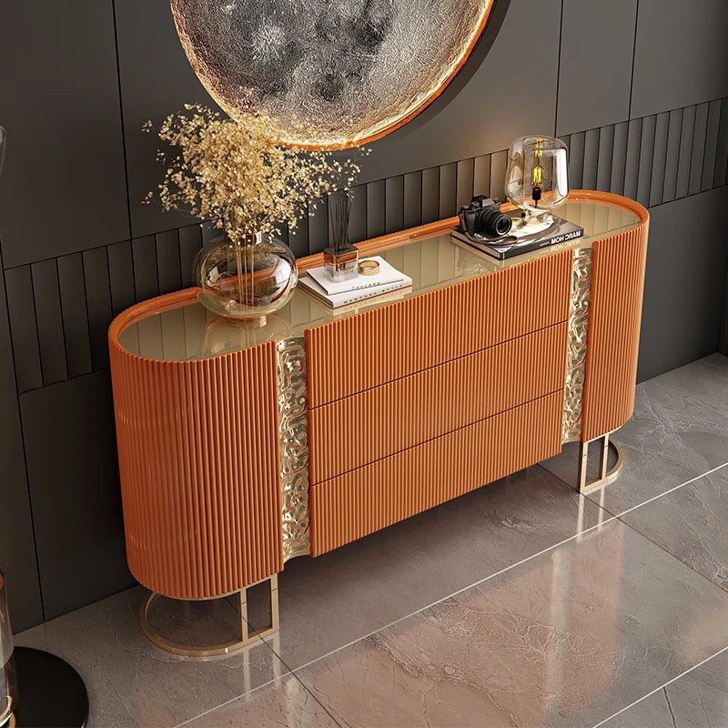 Close-up view of the Modern Luxurious Sideboard Credenza featuring fluted doors and elegant gold accents, perfect for modern home decor.