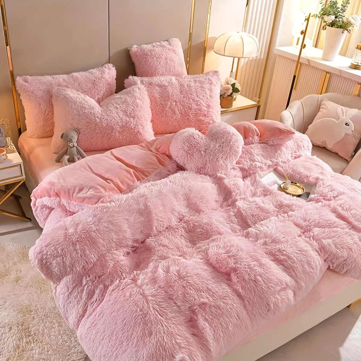 Faux Fur Duvet Cover Set featuring ultra soft shaggy plush bedding and elegant velvet backing, perfect for cozy luxury comfort.