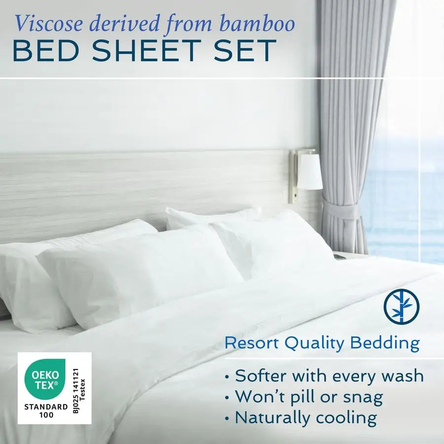 Close-up of the Luxury 4-Piece Queen Sheet Set made from organic bamboo viscose, highlighting its silky-soft feel and elegant drape for a restful night's sleep.