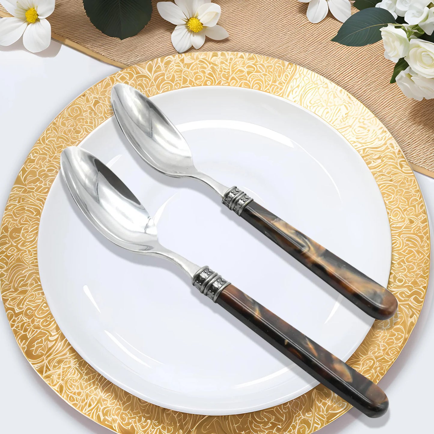 20-Piece Tortoise Shell Stainless Steel Flatware Set styled for an elegant vintage dining table with tortoise shell flatware