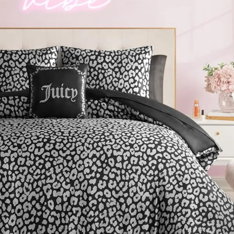 Elegant Black Leopard Satin Comforter Set showcasing bold patterns, part of a luxurious 6 or 8-piece satin comforter set.