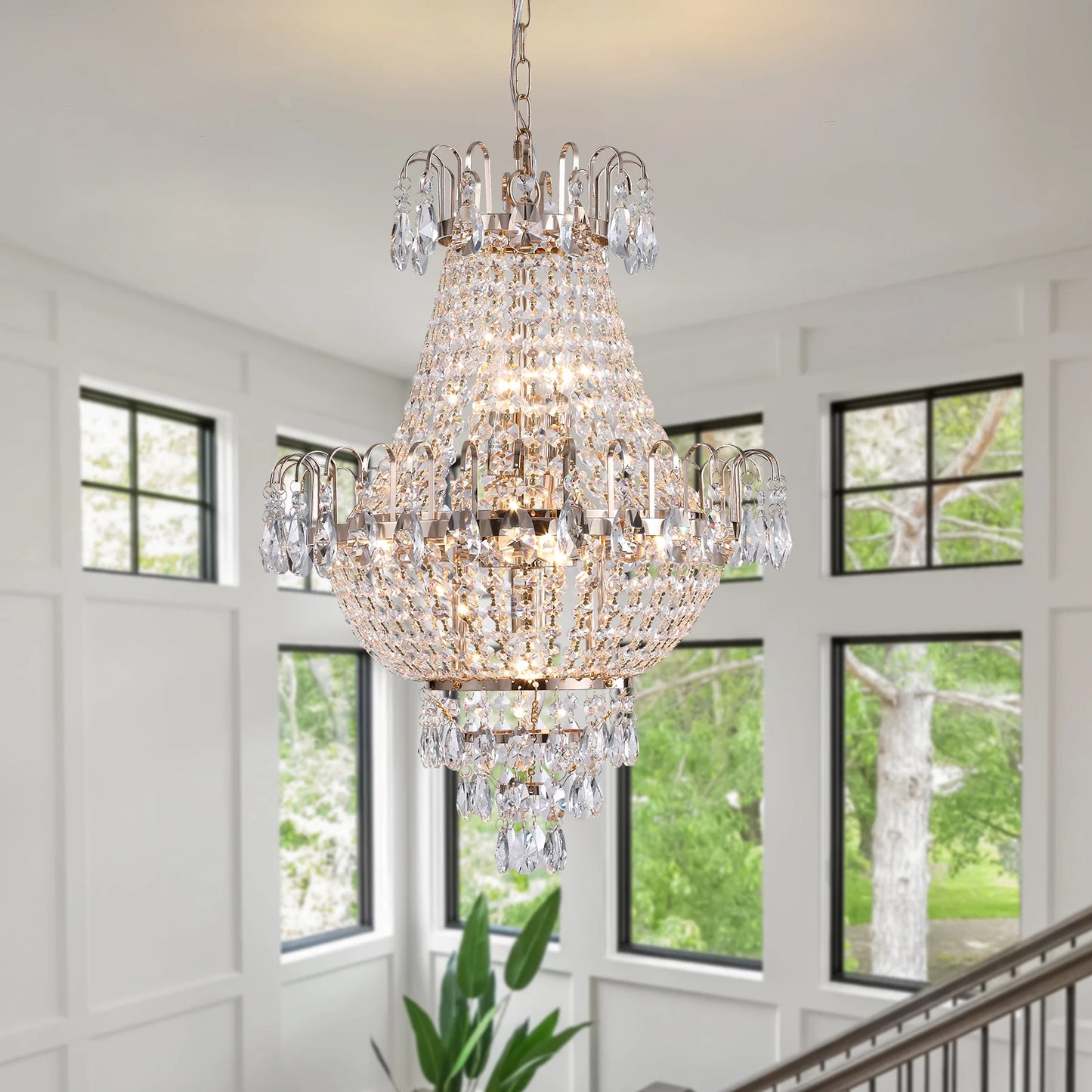 Dramatic view of Gold K9 Crystal Chandelier from below, showcasing its stunning multiple tiers.