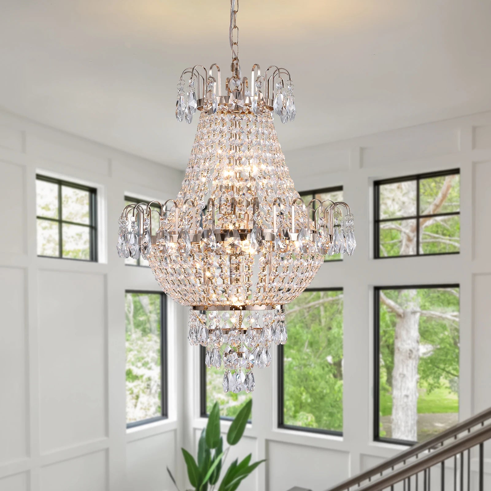 Dramatic view of Gold K9 Crystal Chandelier from below, showcasing its stunning multiple tiers.