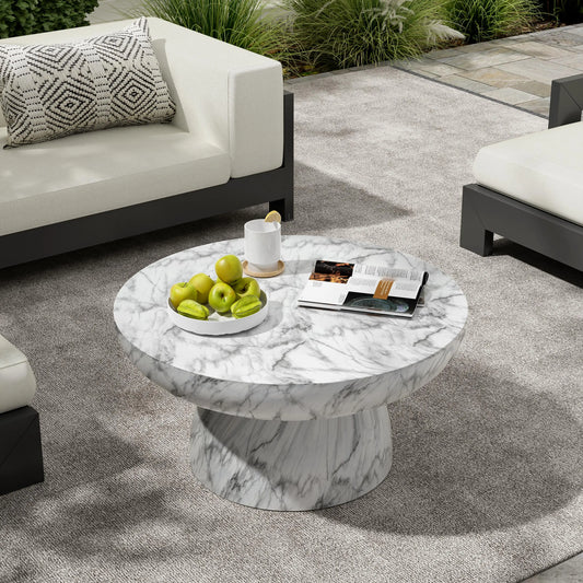 27.5" Round Faux Marble Table – Modern Pedestal Coffee Table showcasing chic design and white marble finish, perfect for stylish indoor and outdoor settings.