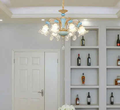 Frosted White Glass Tiffany Blue Floral Chandelier