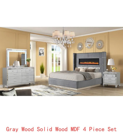 4-Piece Upholstered King Bedroom Set with Ambient Lighting in Gray Velvet Finish