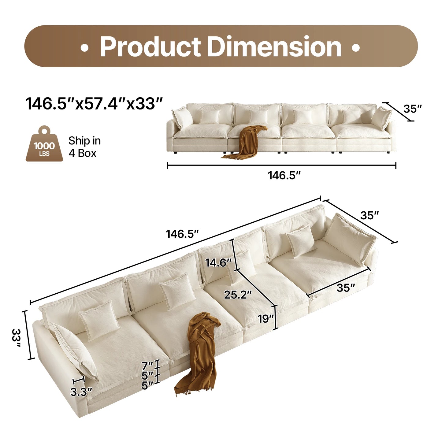 Modern Beige Chenille Upholstered Modular L-shaped Sectional Sofa w/Memory Foam Cushions