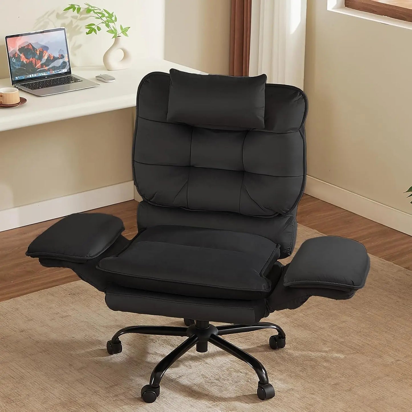 Elegant PU leather upholstery on the Velvet Criss Cross Office Chair, a maintenance-friendly reclining desk chair for any modern workspace.