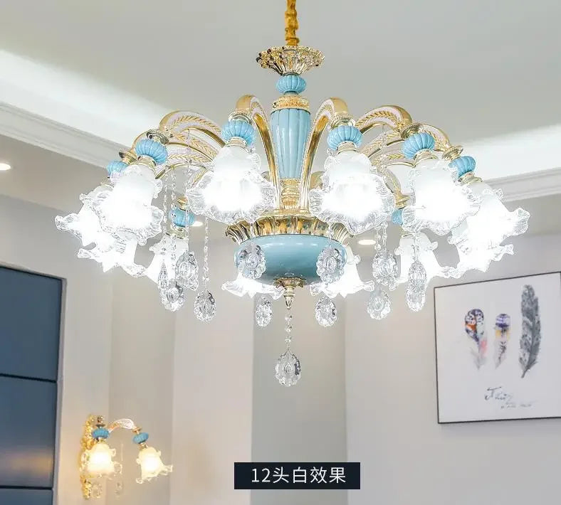 Frosted White Glass Tiffany Blue Floral Chandelier