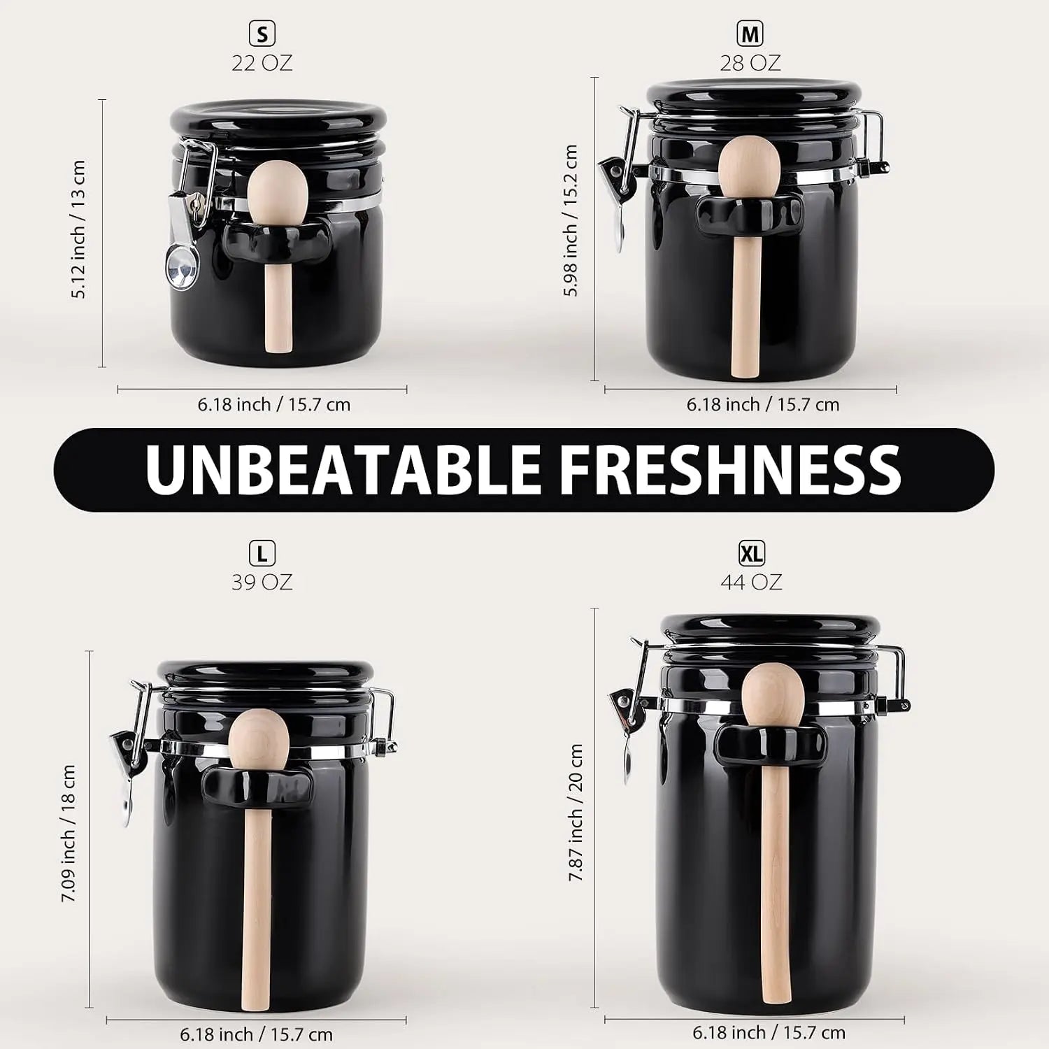 A variety of contents stored in the Luxury Black Ceramic Canister Set with Airtight Seal & Wooden Spoons.