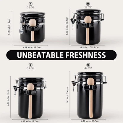 A variety of contents stored in the Luxury Black Ceramic Canister Set with Airtight Seal & Wooden Spoons.