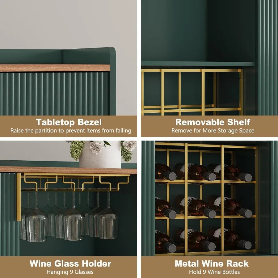 Modern Green Wine Bar Cabinet w/Fluted Texture