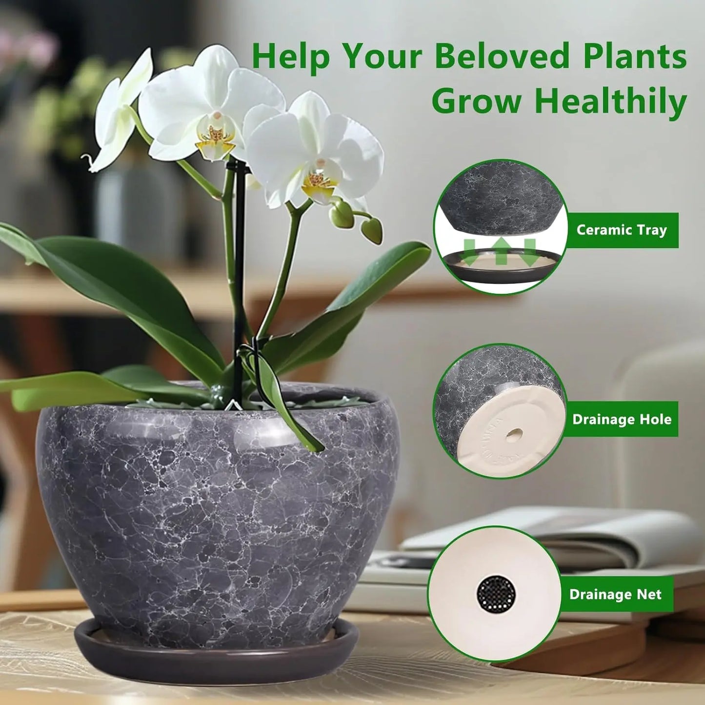 Elegant Indoor Gray Marble Ceramic Plant Pot 