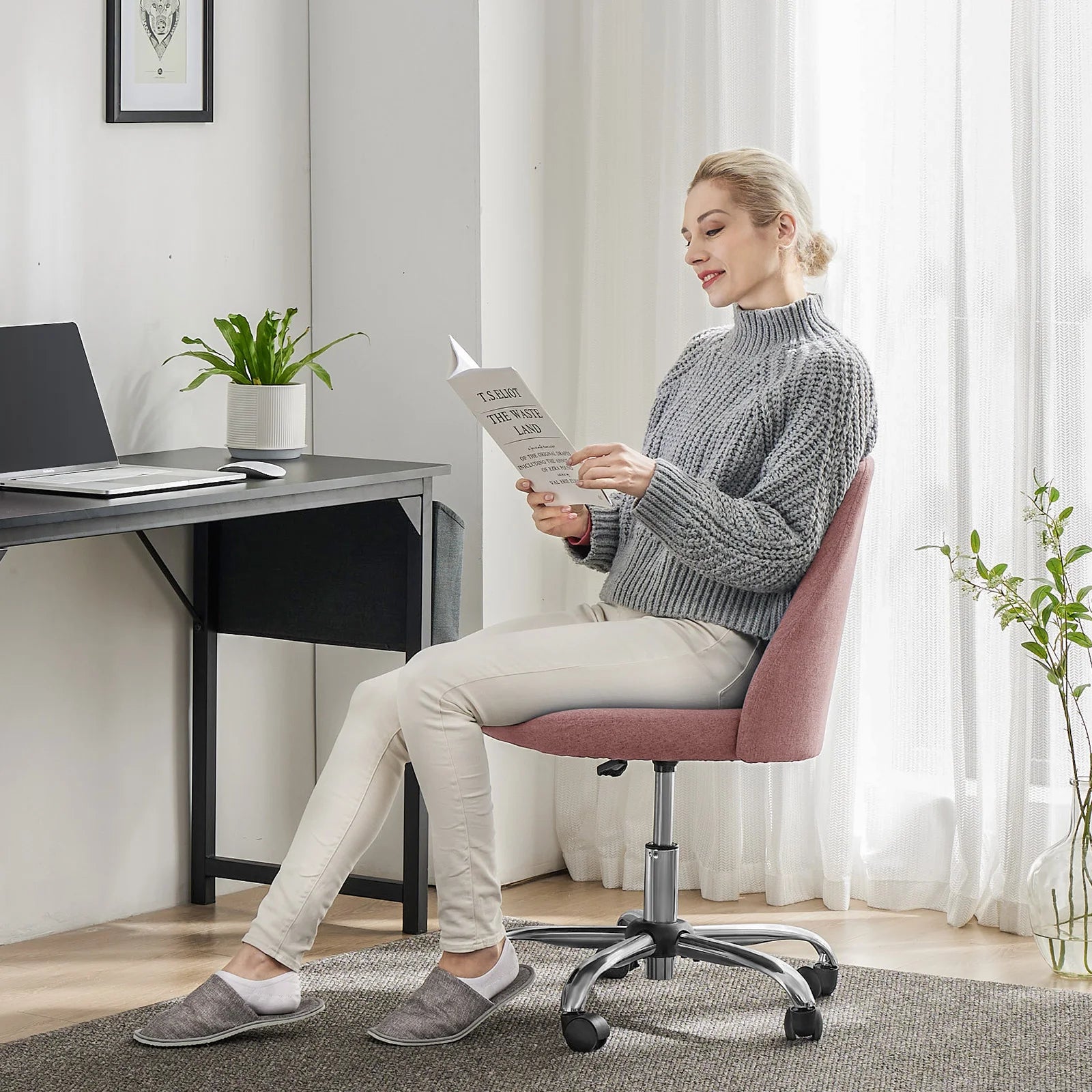 Side view of the Modern Mid-Back Armless Fabric Office Chair highlighting its ergonomic features, a stylish armless office chair for ultimate comfort.