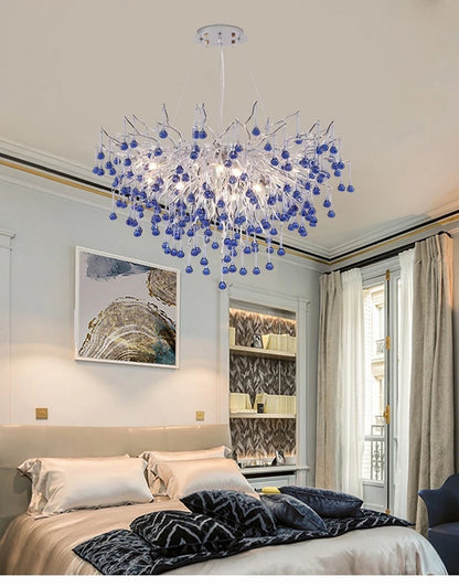 Luxury Chrome Branch  &  Silver Blue Crystal Ceiling Chandelier