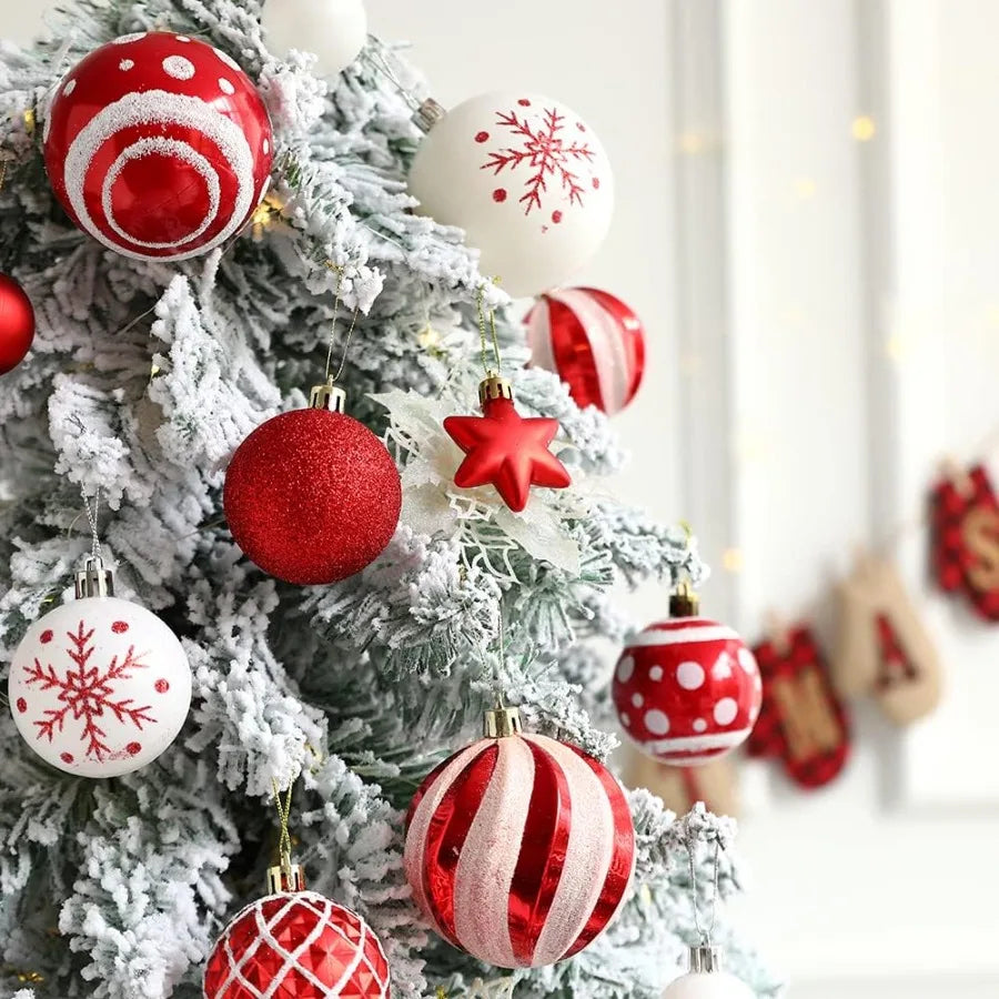 Beautiful red and white 36 Count Shatterproof Ornament Set featuring assorted shapes and sizes for modern holiday decor.
