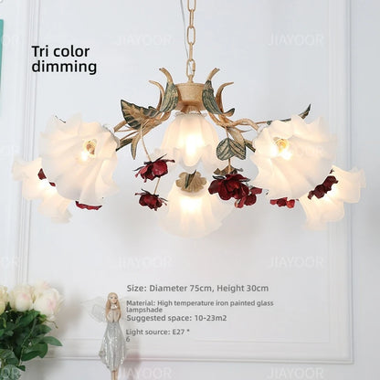 Full view of the Pastoral Floral Chandelier above a dining table, highlighting its role as an elegant floral chandelier for dining.