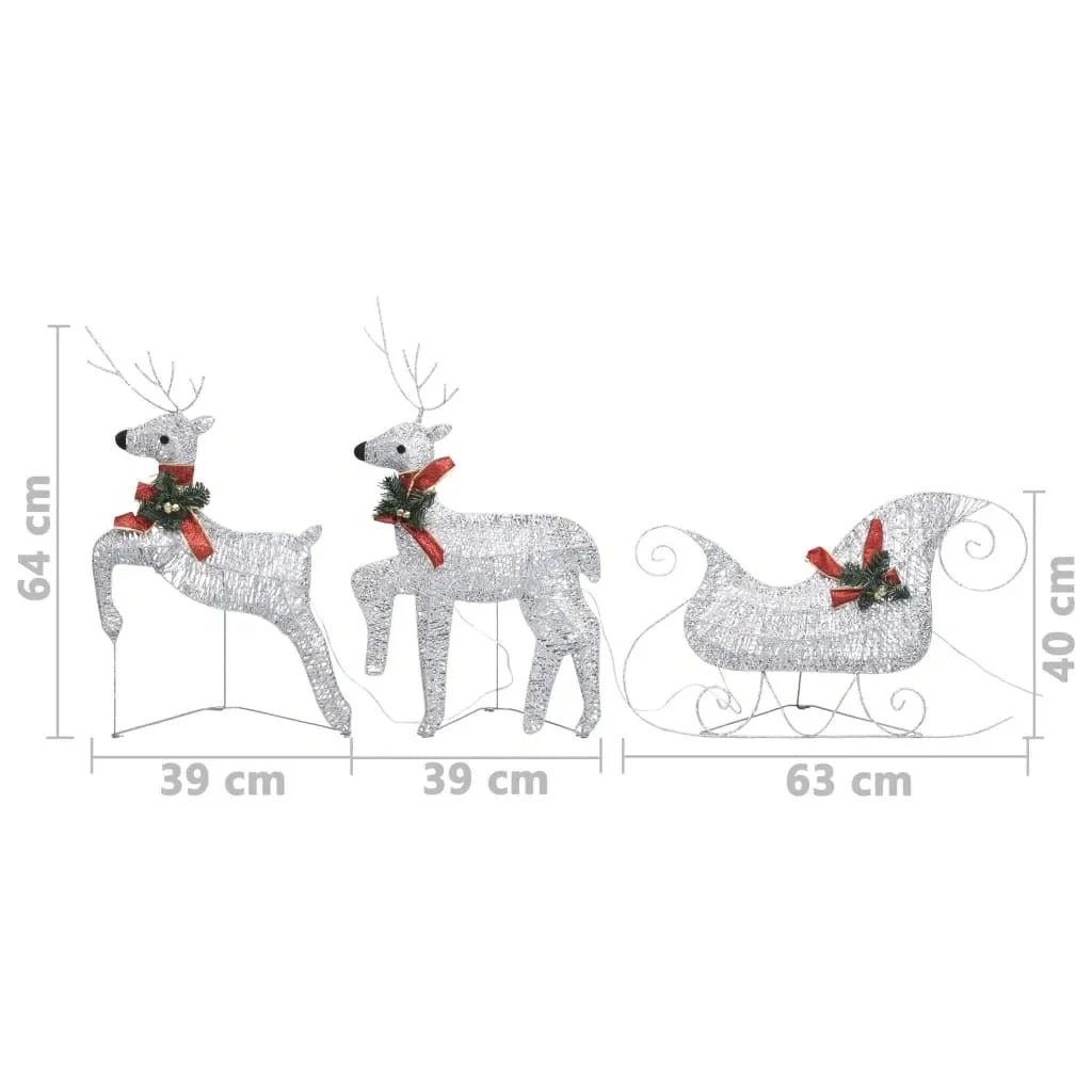 Close-up of the Outdoor Silver Reindeer & Sleigh Christmas Decoration w/60 LED Lights highlighting the intricate details of the silver reindeer decoration.