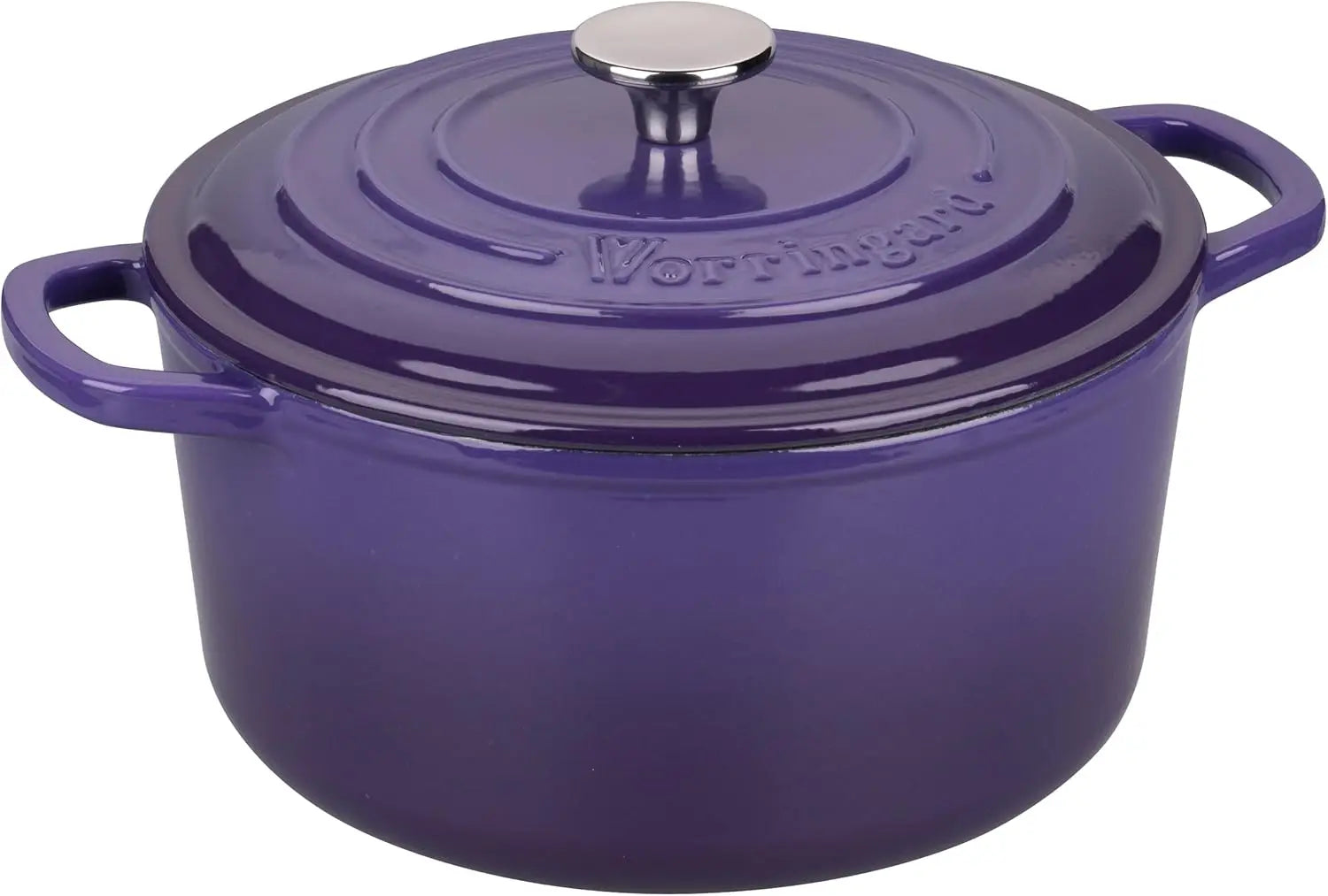 Beautifully presented 6QT purple enameled cast iron dutch oven with fresh bread, demonstrating its functionality for baking.