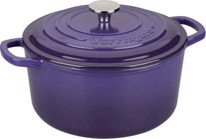 Beautifully presented 6QT purple enameled cast iron dutch oven with fresh bread, demonstrating its functionality for baking.