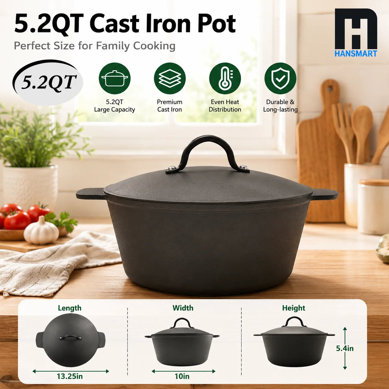 5.2 QT Pre-Seasoned Cast Iron Dutch Oven with Lid, perfect for making hearty meals on any cooktop.