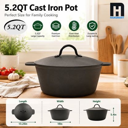 5.2 QT Pre-Seasoned Cast Iron Dutch Oven with Lid, perfect for making hearty meals on any cooktop.