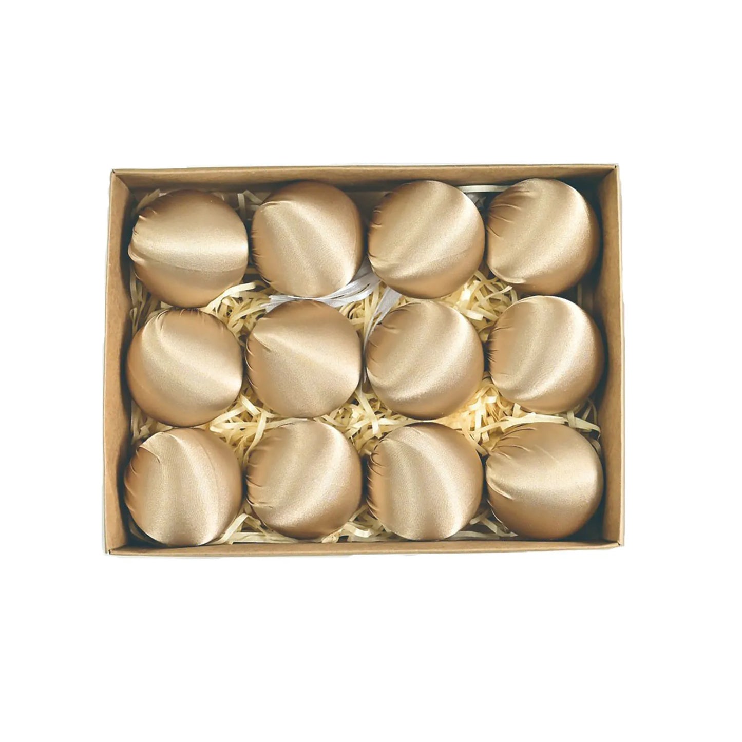 A vibrant display of satin silk ball ornaments in assorted colors ready to enhance your holiday decorations this season.