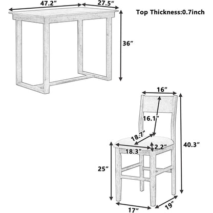 Dimensions of a table and chair on a white background