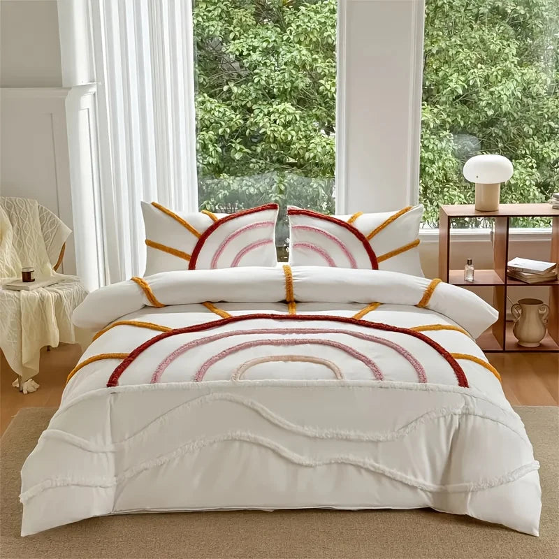 Aesthetic display of the Ultra Soft Microfiber Boho Bedding Set matched with cozy throws and vibrant pillows.
