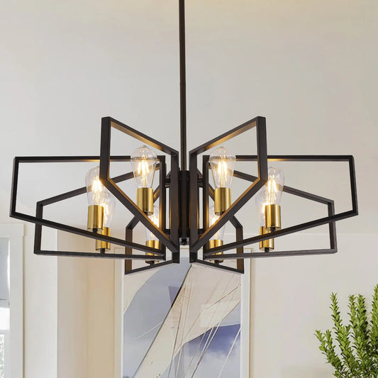 Modern 8-Light Geometric Black Frame Chandelier w/Gold Accents